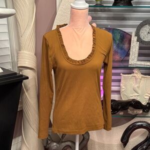 J. Crew Ribbed Long Sleeve Ruffle Scoop Neck Top - Camel